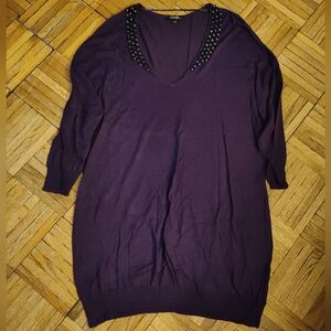 George Purple 3/4 Sleeve V-Neck Sweater With Beaded Collar